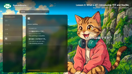 SpeakBeats video showing vocabulary study panel with definitions and example sentences
